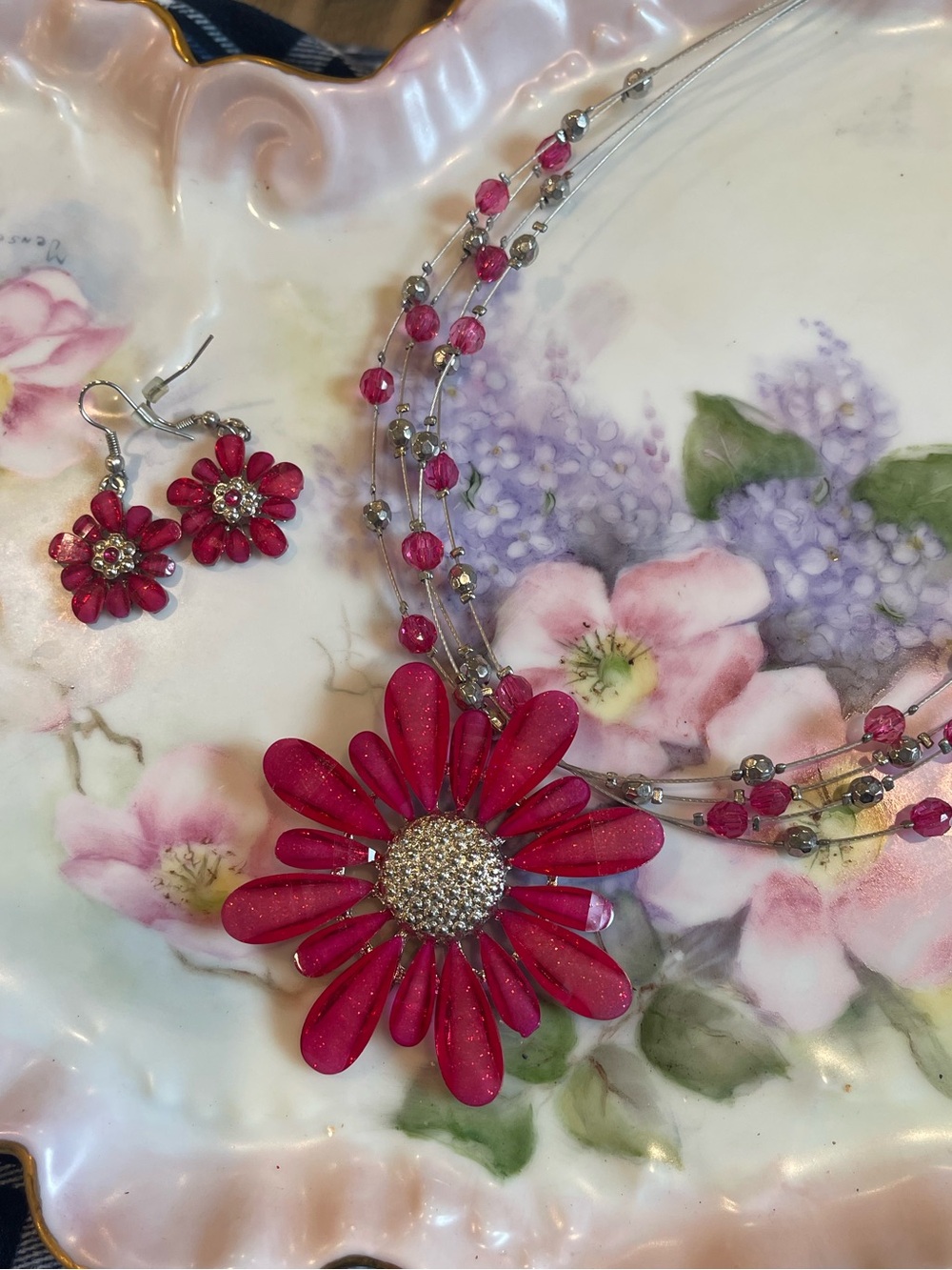 Pink Daisy Pendant Multi-Strand Necklace with Matching Earrings